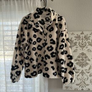 LOFT Black and White Leopard Print Fleece Top